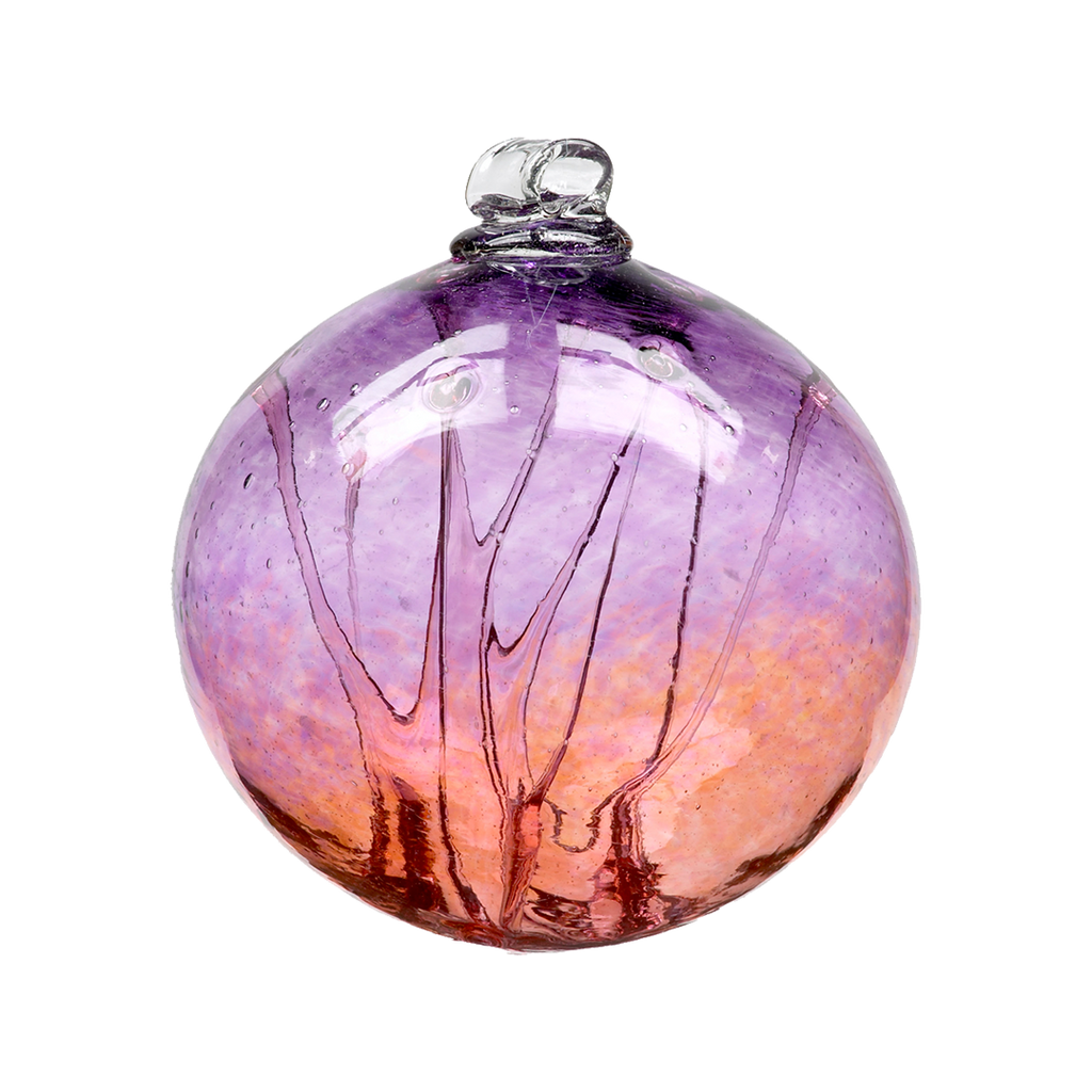 Glass orb with purple glass on top and pink glass on the bottom and webbing pulled from bottom to top on a transparent background.