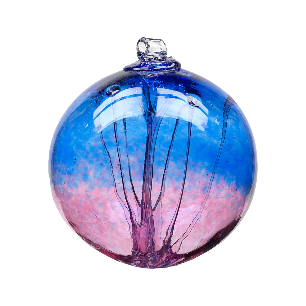 Glass orb with blue glass on top and pink glass on the bottom and webbing pulled from bottom to top on a transparent background.