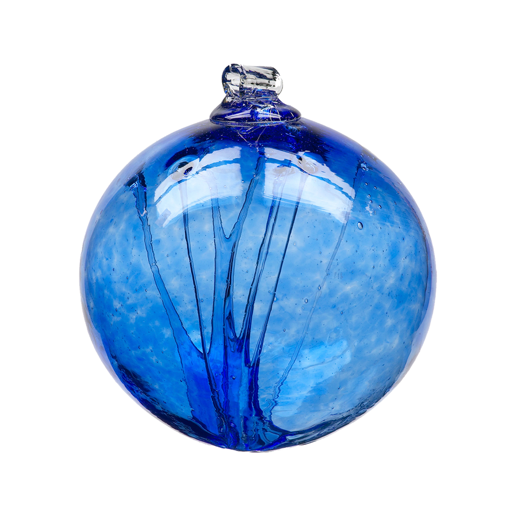 Blue glass orb with webbing pulled from bottom to top on a transparent background.