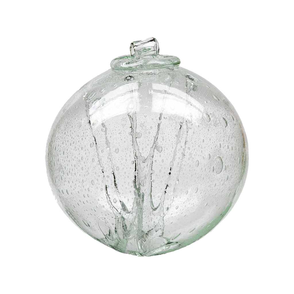 Clear glass orb with webbing pulled from bottom to top on a transparent background.