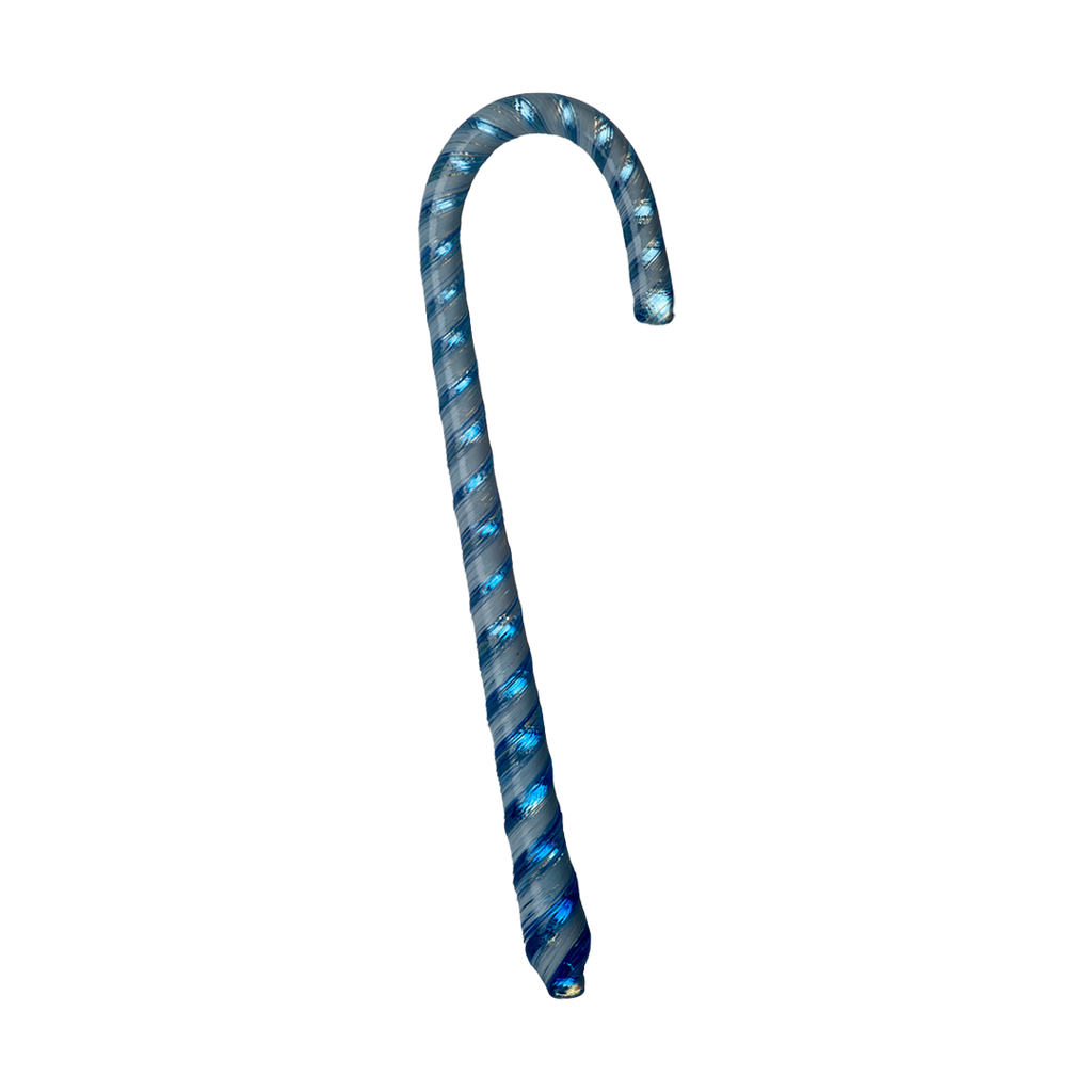 Blue and white striped glass Candy Cane on a transparent background.