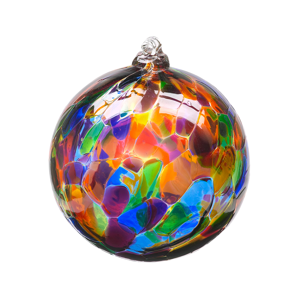 Round glass ball with blue, purple, green, orange, pink and yellow mosaiced around the entire surface on a transparent background.