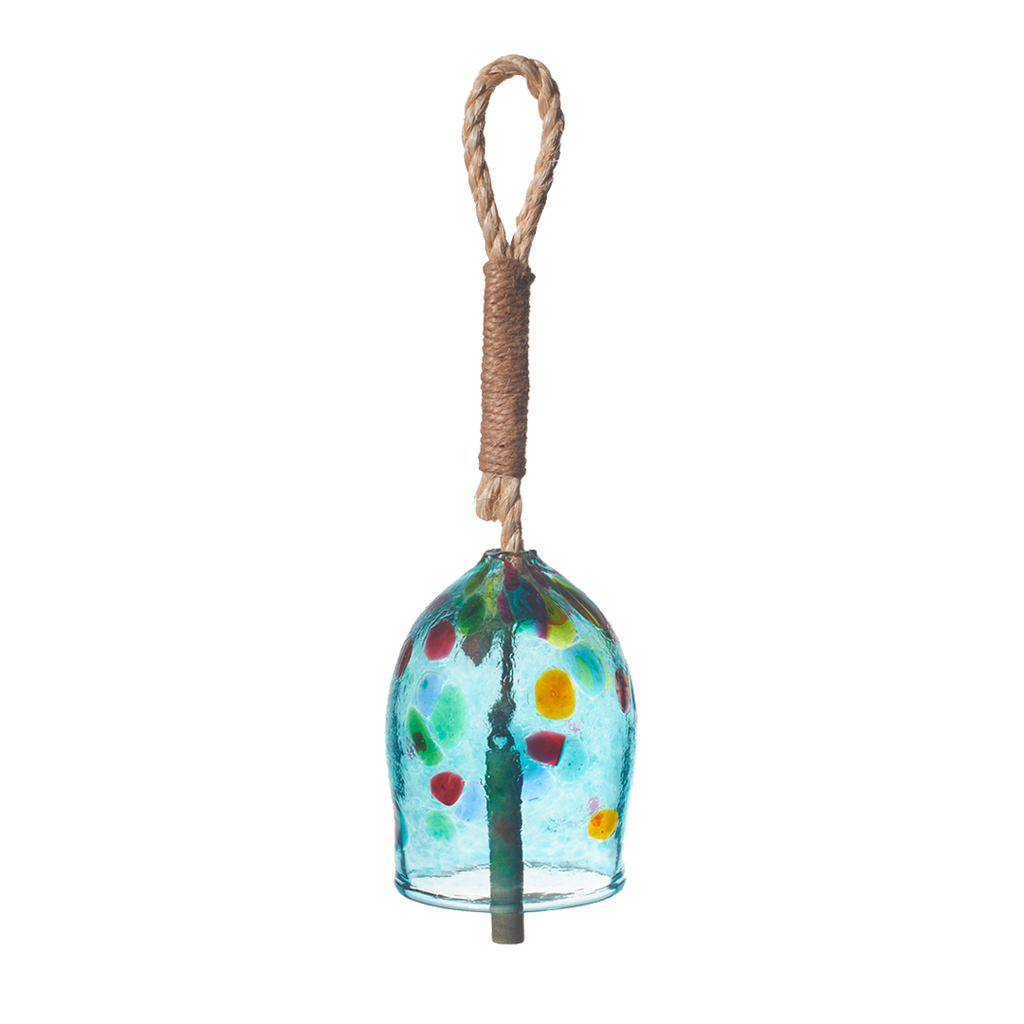 Teal bell with red, orange, yellow, green and blue spots with a rope and wood toggle on a transparent background.