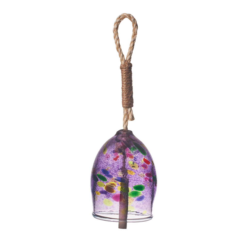 Purple bell with pink, orange, purple and green spots with a rope and wood toggle on a transparent background.