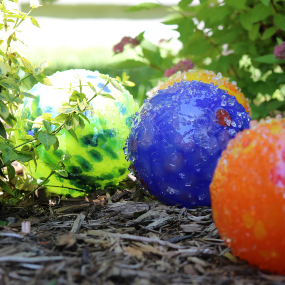 Bee Balls displayed in a garden, with the sun shining. 