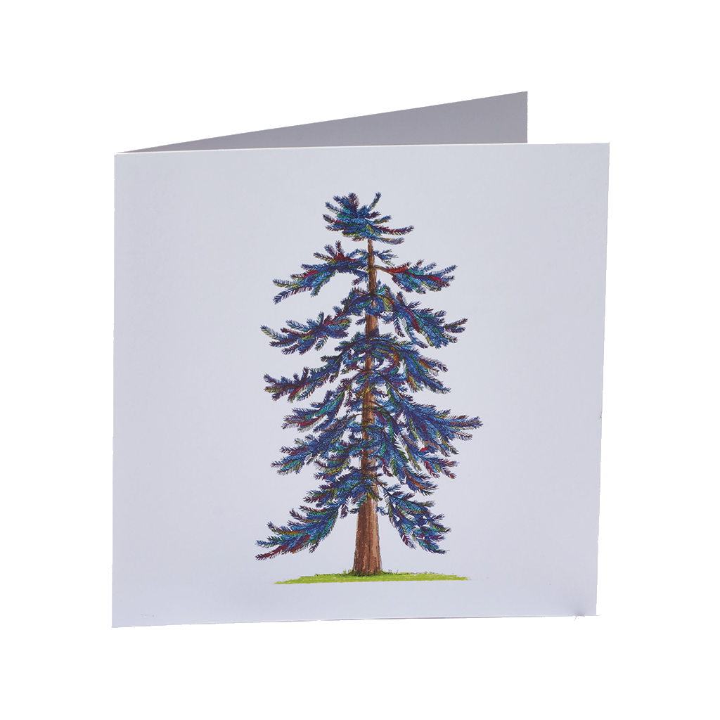 Painted tree with a brown trunk and blue and burgundy leaves on a white background