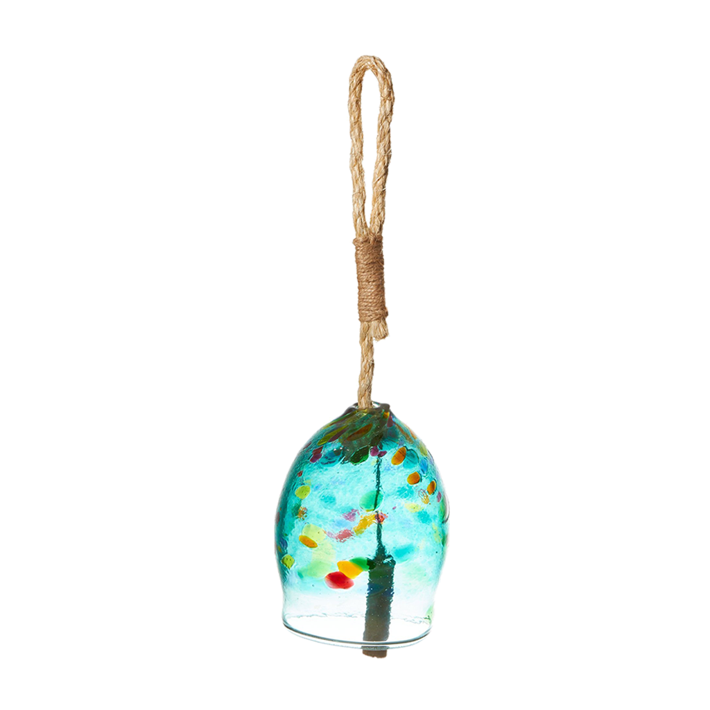 Teal bell with red, orange, yellow, green and blue spots with a rope and wood toggle on a transparent background.