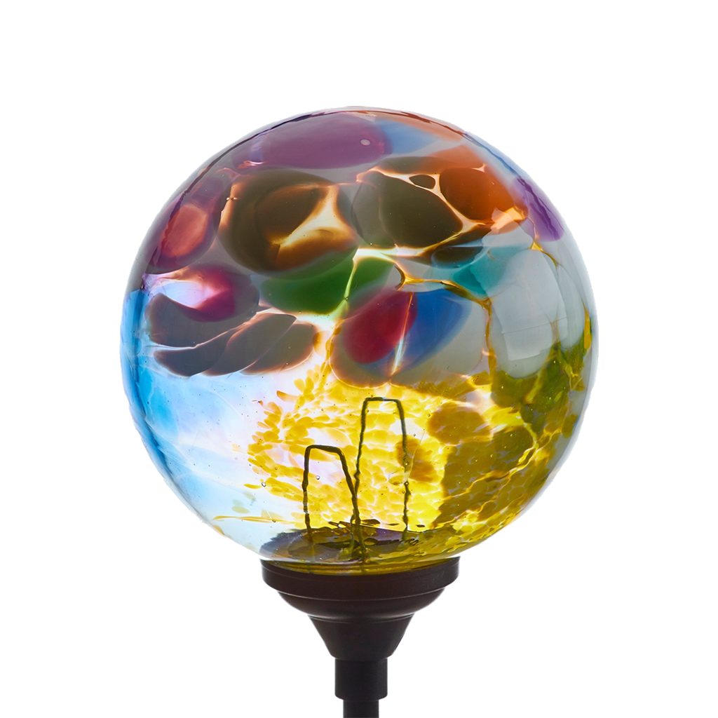 Glass orb with opaque white, orange, green, blue and amber glass on the surface and a black clip in the bottom. On a transparent background. 