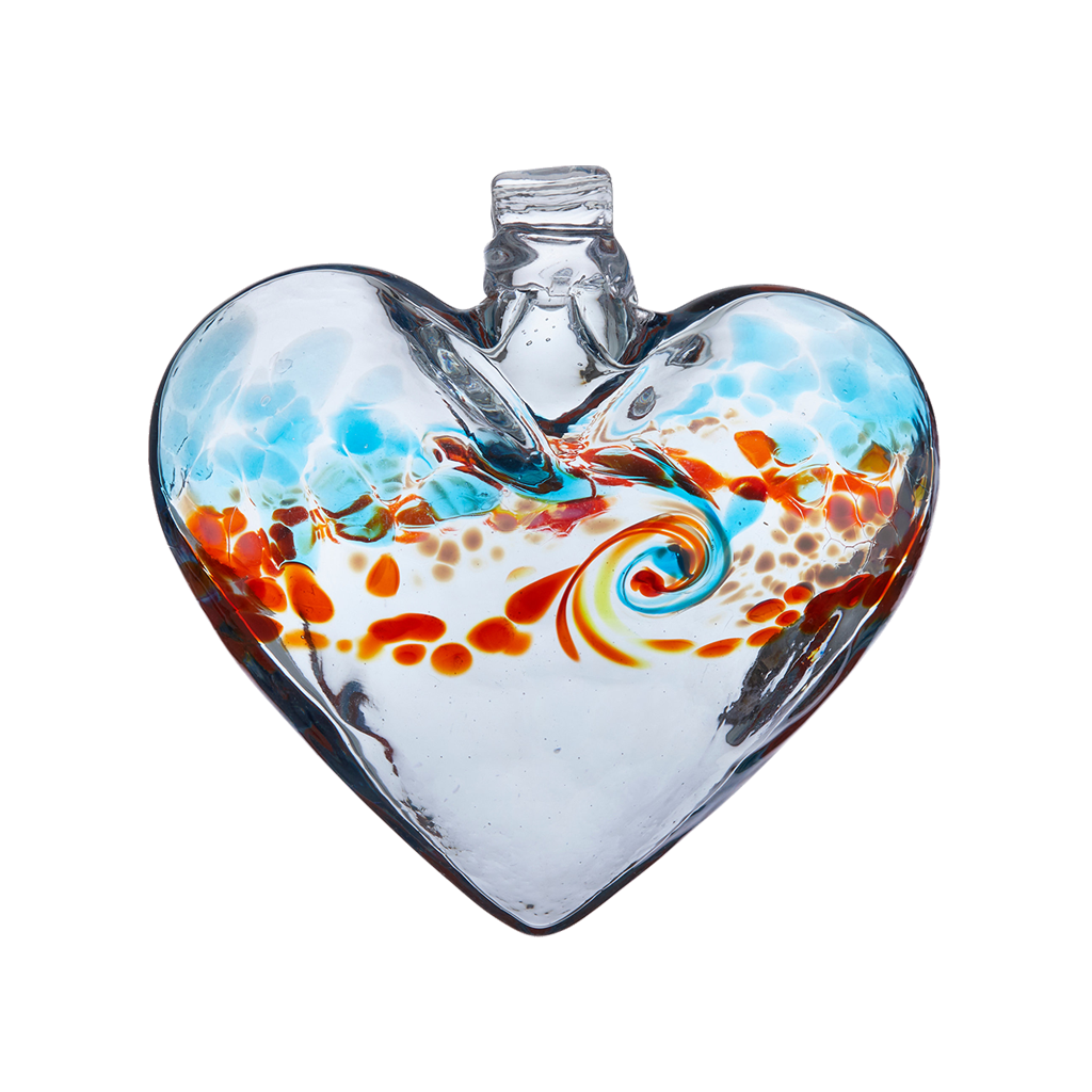 Glass heart with aqua on top, white swirled across the middle and orange on the bottom on a transparent background.