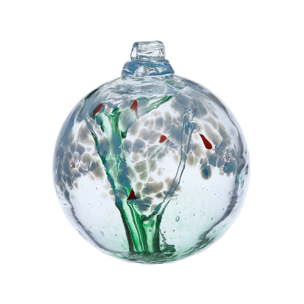 Clear glass orb with a green stem pulled from bottom to top to a canopy of blue opaque glass blossoms and orange centres on a transparent background.
